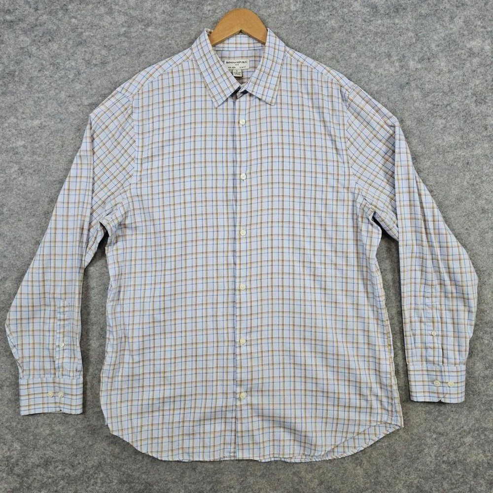 Banana Republic Men's Blue & Brown Windowpane Size XL 17-17 1/2 Dress Shirt Slim